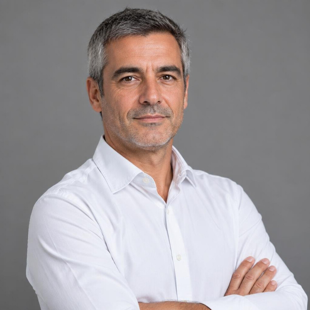 Studio portrait of a Portuguese male journalist in his forties wearing a shirt