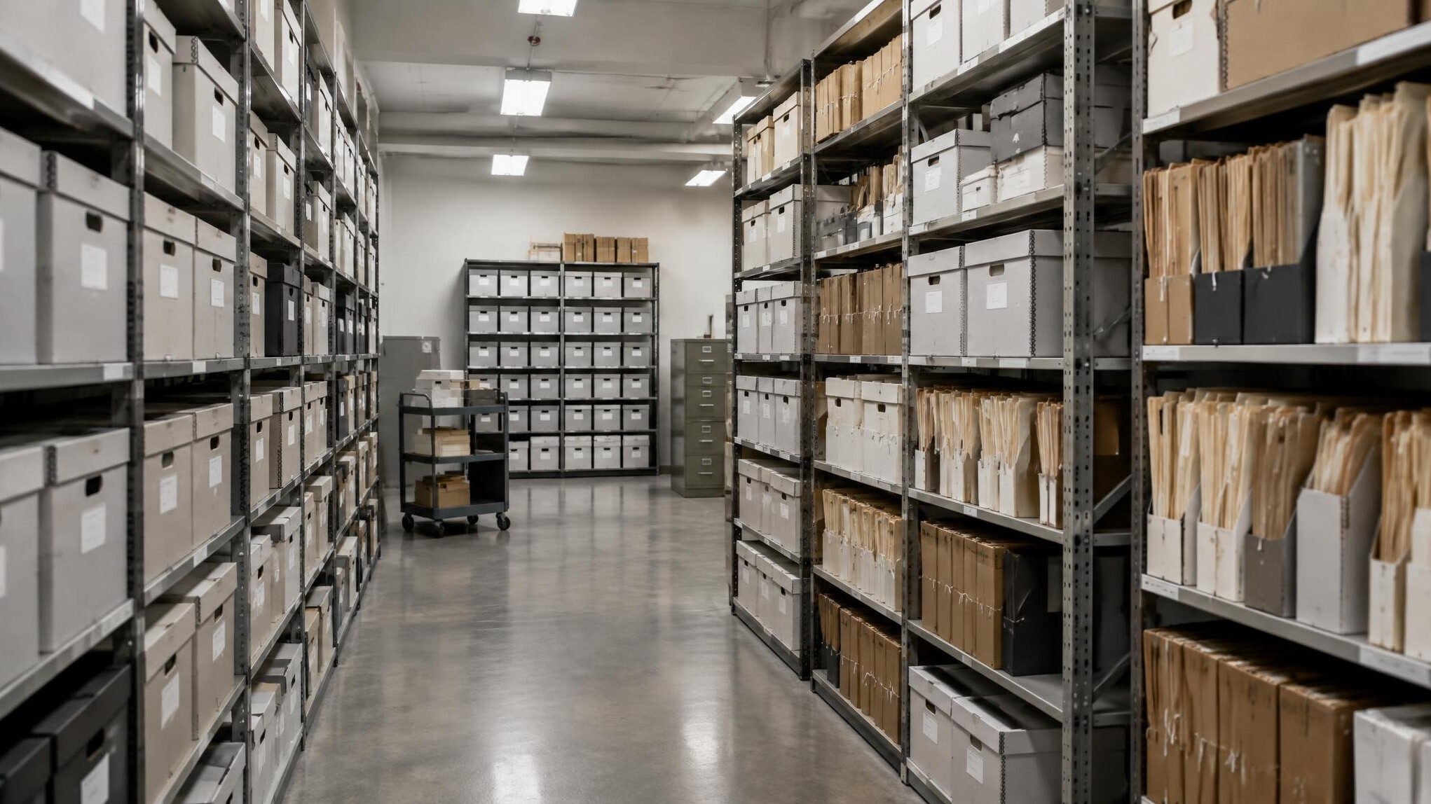 Rows of archive boxes and paper files in a records room