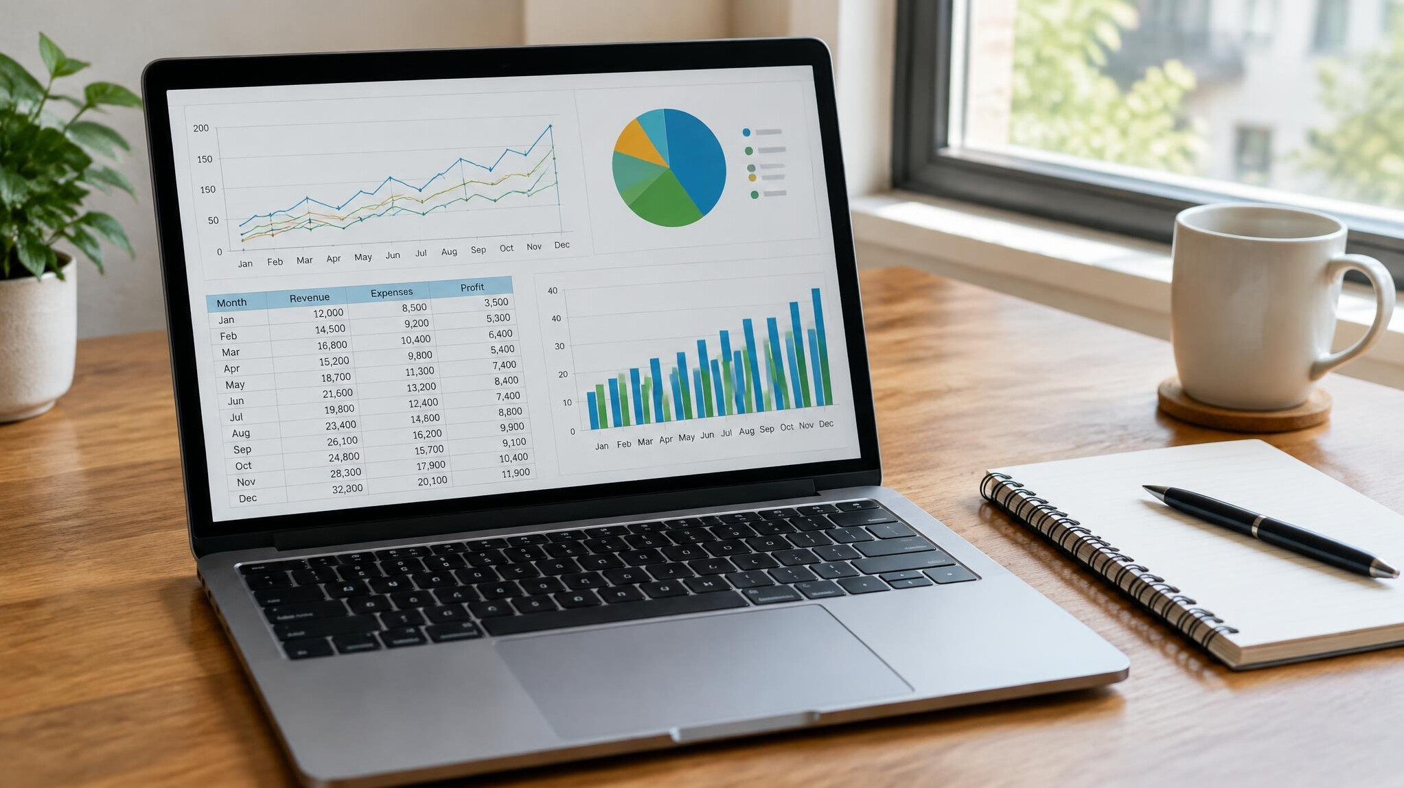 Laptop screen showing financial spreadsheet charts on a desk